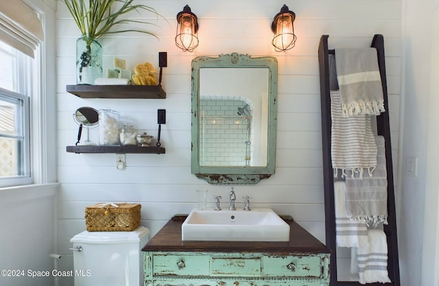 bathroom with toilet, wooden walls, and sink