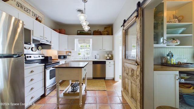 kitchen featuring white cabinetry, appliances with stainless steel finishes, a barn door, hanging light fixtures, and sink