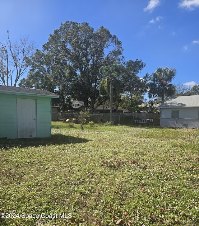 view of yard featuring a storage unit