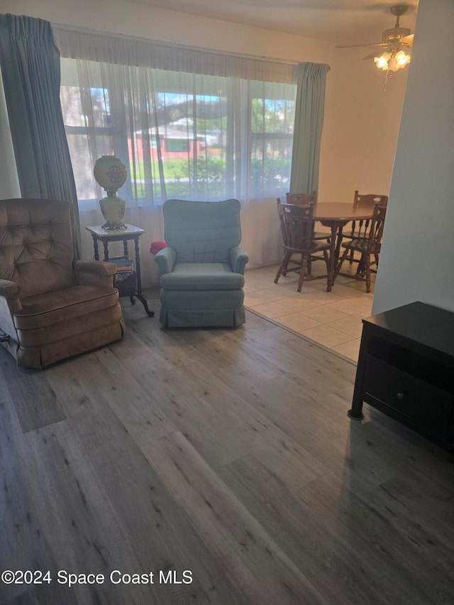 living room with hardwood / wood-style flooring and ceiling fan