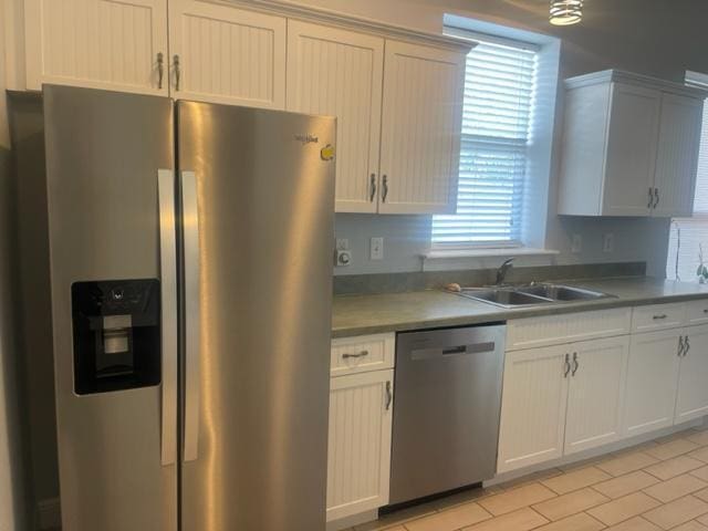 kitchen with sink, appliances with stainless steel finishes, and white cabinets