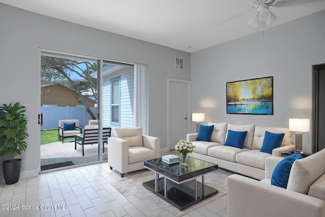 living room with ceiling fan