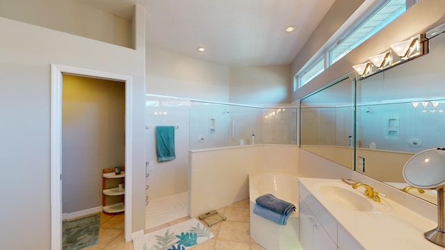 bathroom featuring tile patterned flooring, vanity, and independent shower and bath