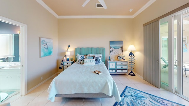 tiled bedroom featuring access to outside, ornamental molding, and connected bathroom