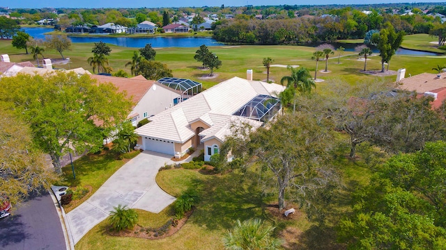 birds eye view of property featuring a water view