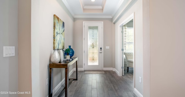 foyer entrance featuring a wealth of natural light, crown molding, and wood-type flooring