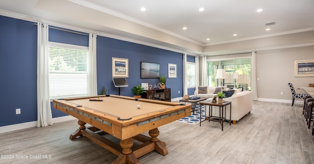 recreation room with light hardwood / wood-style floors, ornamental molding, and pool table