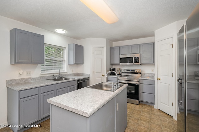 kitchen featuring gray cabinets, a kitchen island with sink, sink, and stainless steel appliances