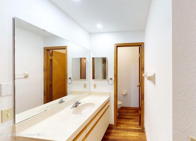 bathroom with wood-type flooring, toilet, and vanity