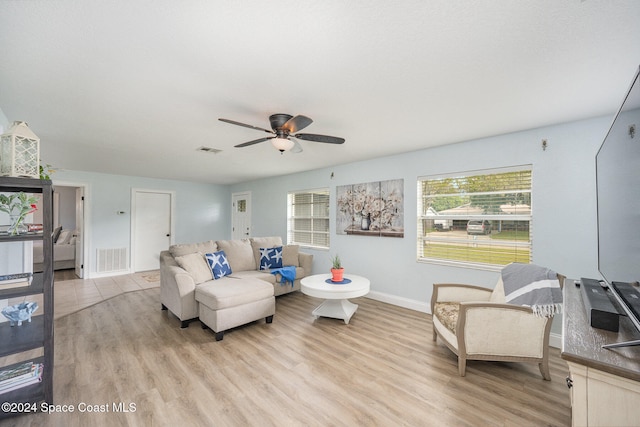 living room featuring ceiling fan and light wood-type flooring