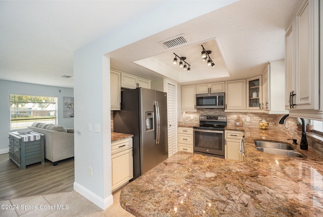 kitchen with light stone countertops, backsplash, stainless steel appliances, a tray ceiling, and sink