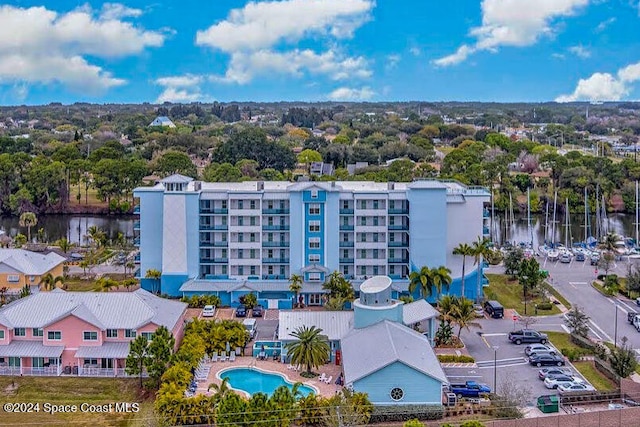 drone / aerial view featuring a water view