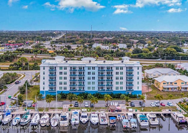 bird's eye view with a water view