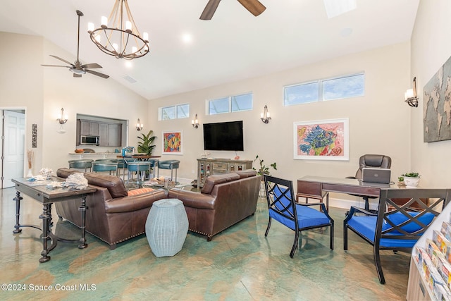 living room featuring ceiling fan with notable chandelier and high vaulted ceiling