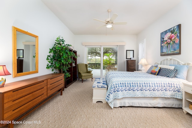 bedroom featuring access to outside, ceiling fan, and light colored carpet