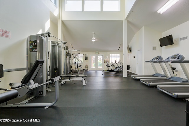 gym featuring french doors and a high ceiling