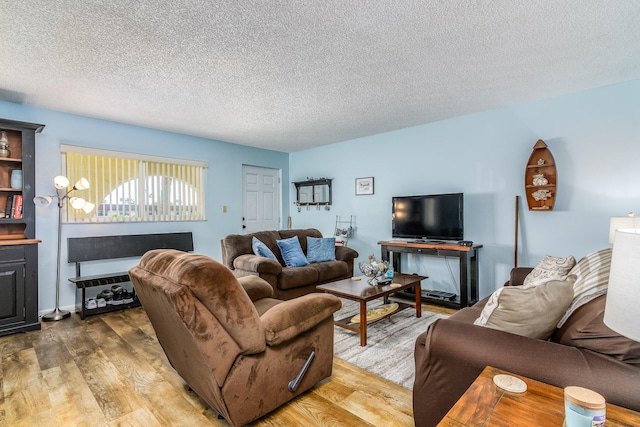 living room featuring hardwood / wood-style floors and a textured ceiling