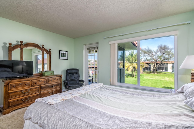 carpeted bedroom with access to exterior, multiple windows, and a textured ceiling