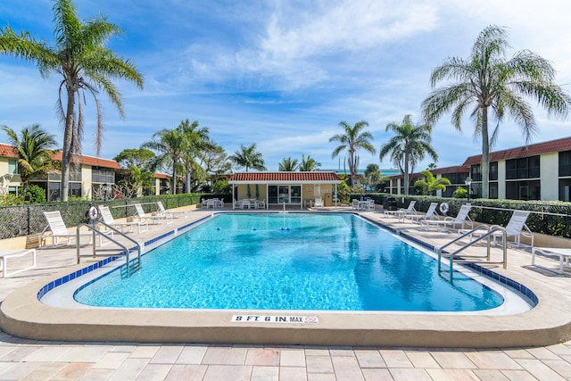 view of swimming pool featuring a patio area