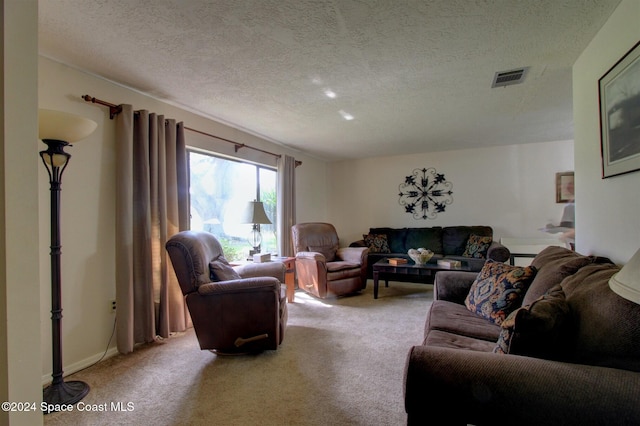 living room with a textured ceiling and light colored carpet