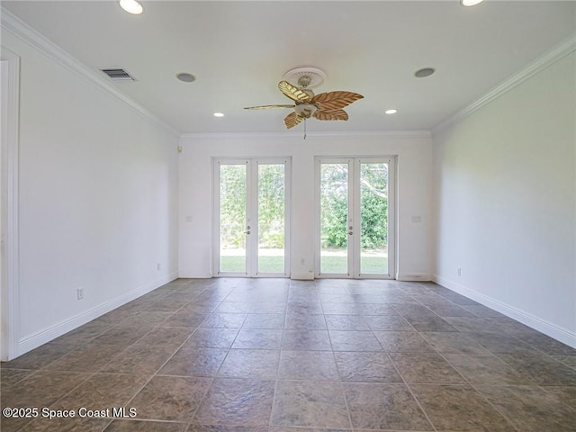 5160 Rosewood Ln, Vero Beach, FL 32966 - unfurnished room with crown molding, ceiling fan, baseboards, and visible vents