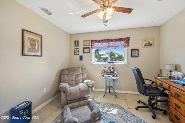 office space with ceiling fan and light tile patterned floors