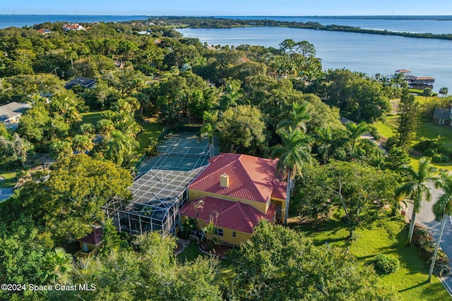 drone / aerial view with a water view