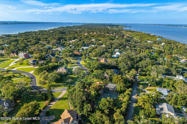 drone / aerial view featuring a water view