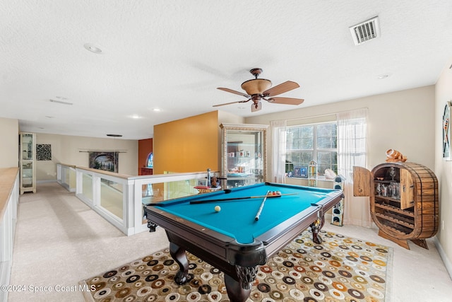 playroom featuring light colored carpet, a textured ceiling, billiards, and ceiling fan