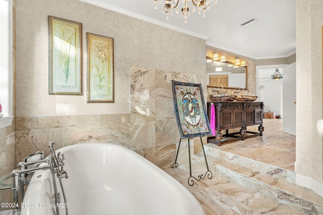 bathroom featuring vanity, crown molding, a bathing tub, and ceiling fan