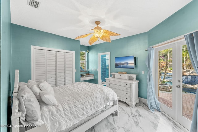 bedroom featuring a closet, ceiling fan, access to outside, and french doors