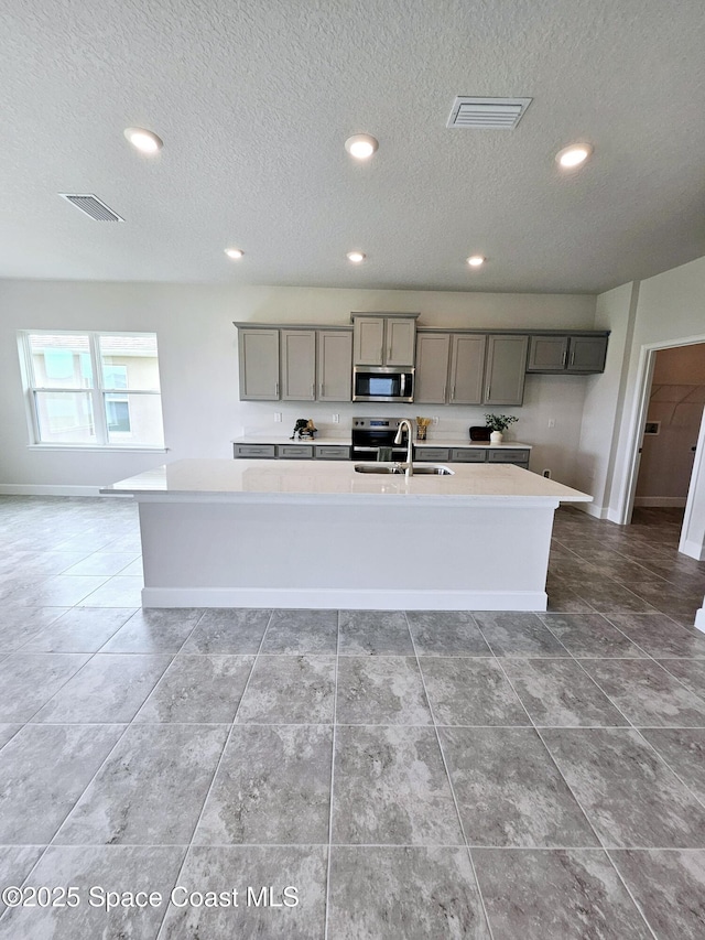 kitchen with gray cabinets, sink, stainless steel appliances, and a center island with sink