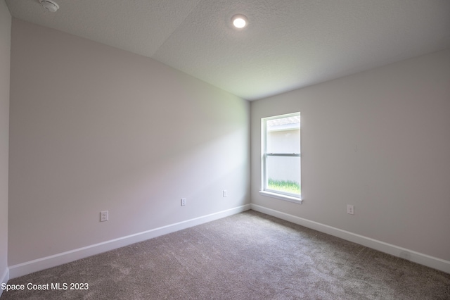 carpeted empty room with a textured ceiling and lofted ceiling