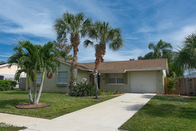 single story home featuring a garage and a front lawn