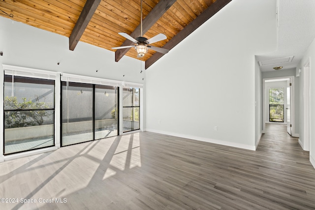 unfurnished living room with vaulted ceiling with beams, ceiling fan, wooden ceiling, and wood-type flooring