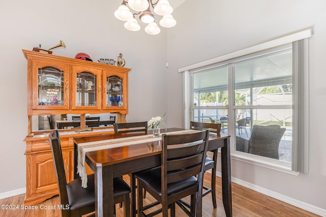 dining area featuring light hardwood / wood-style floors and an inviting chandelier