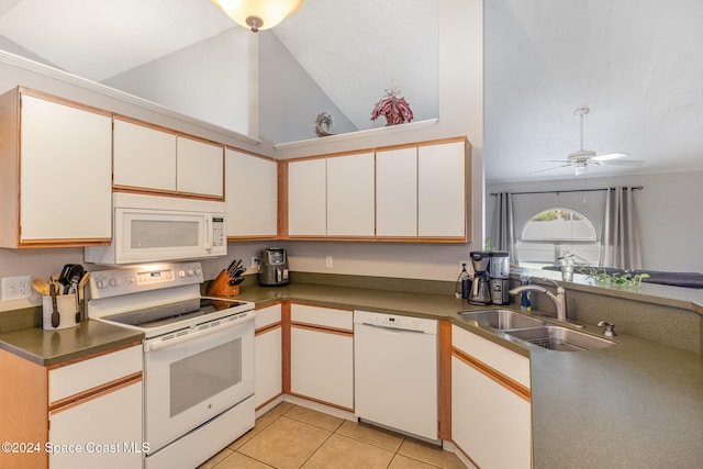 kitchen with white cabinets, ceiling fan, light tile patterned floors, sink, and white appliances