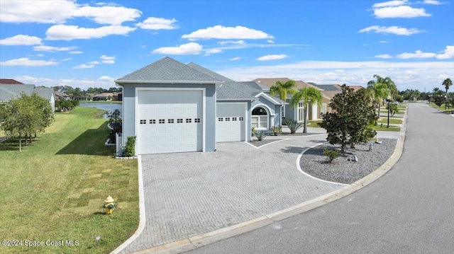 view of front facade featuring a front yard, a water view, and a garage