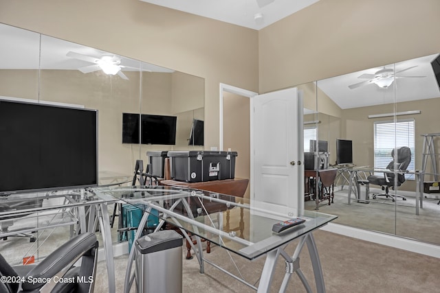 interior space with high vaulted ceiling and ceiling fan