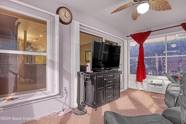 living room with a wall mounted air conditioner, ceiling fan, and carpet floors