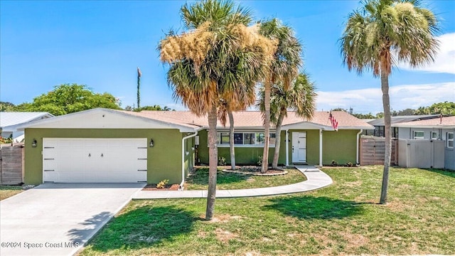 single story home with a front lawn and a garage