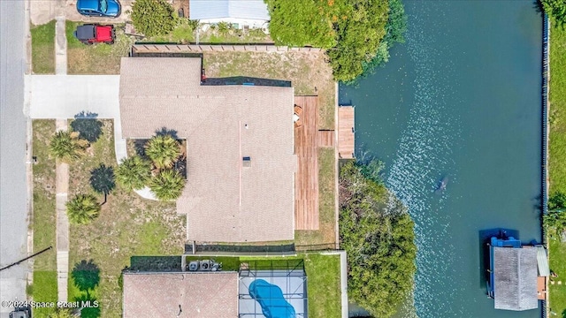 aerial view featuring a water view