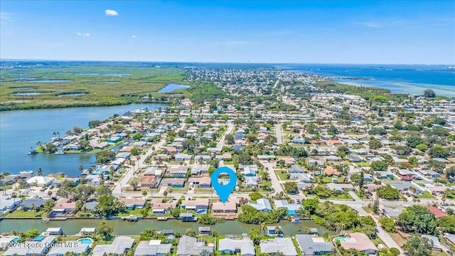 drone / aerial view featuring a water view