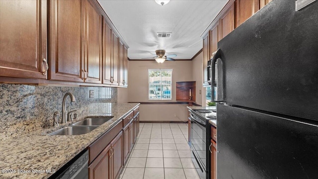 kitchen featuring decorative backsplash, ornamental molding, sink, black appliances, and light tile patterned flooring