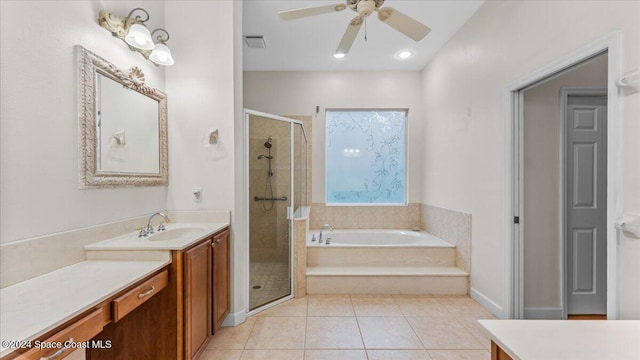 bathroom featuring vanity, ceiling fan, separate shower and tub, and tile patterned flooring