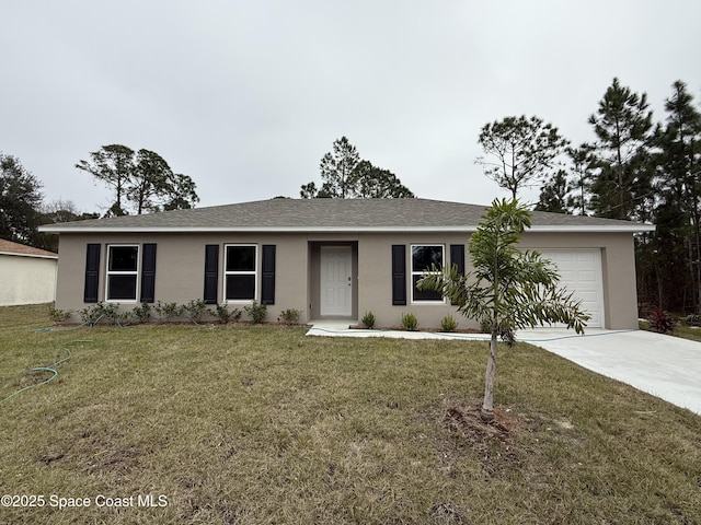 single story home with a garage and a front yard