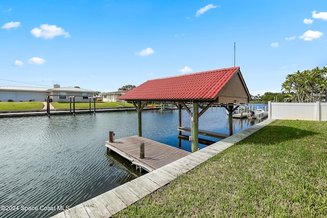 dock area with a yard and a water view