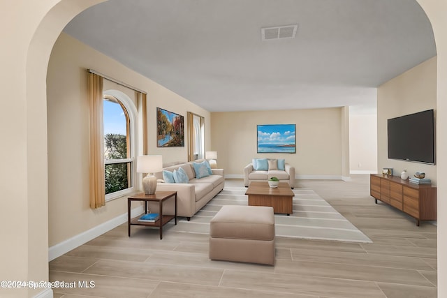 living room with light hardwood / wood-style flooring