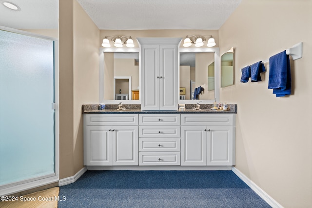 bathroom with vanity and a shower with door