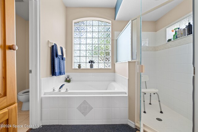 bathroom with shower with separate bathtub and toilet